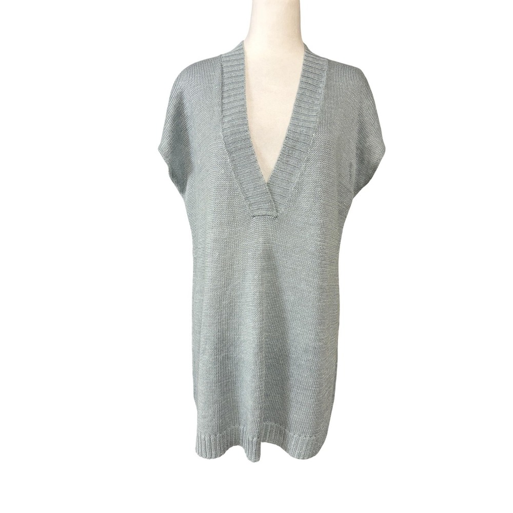 Eileen Fisher Sweater Womens M Blue 100% Hemp V Neck Tunic Cap Sleeve Knit